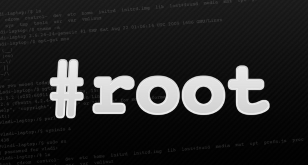 Linux 终端命令行输出,展示 ls、uname -a、apt-get moo 等命令及 #root 提示符,整体呈技术或黑客风格视觉设计。