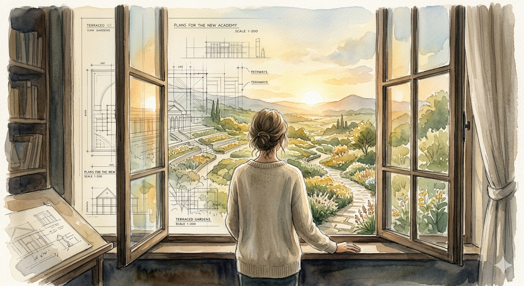 窗外自然景观与室内设计规划图相呼应的插画,寓意理想蓝图与自然生长的结合