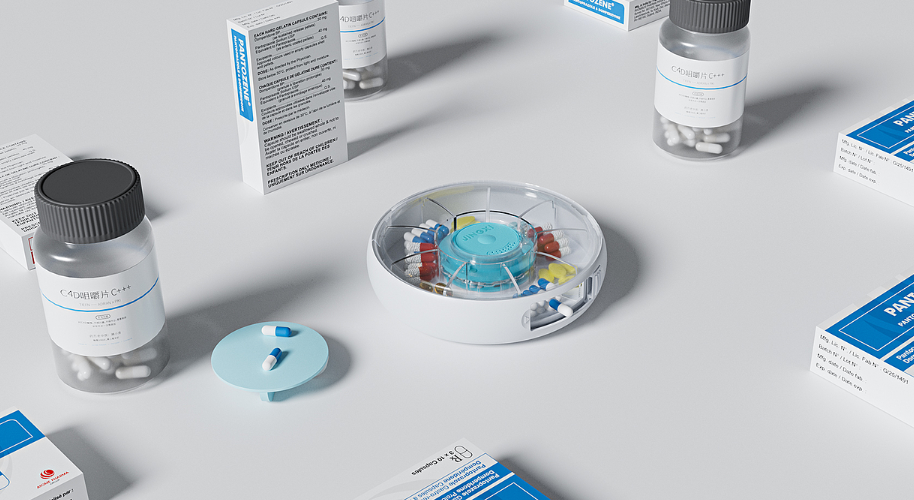 智能药盒与药品包装盒的静物摄影，背景整洁明亮