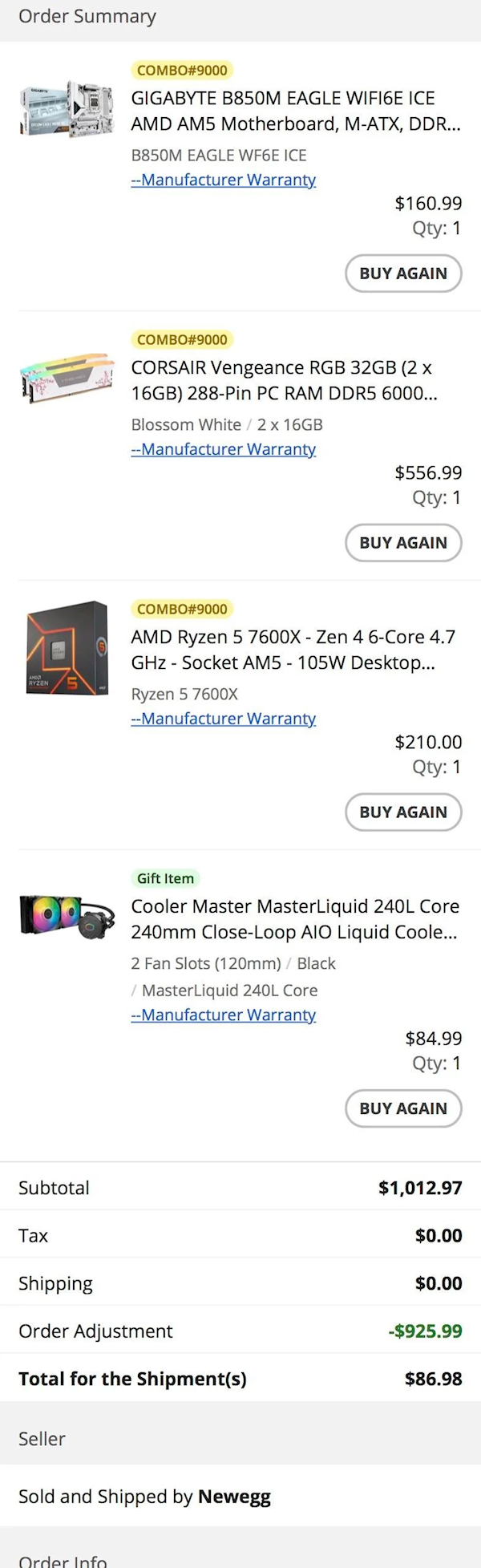 Newegg订单详情页截图，显示四件商品及价格明细