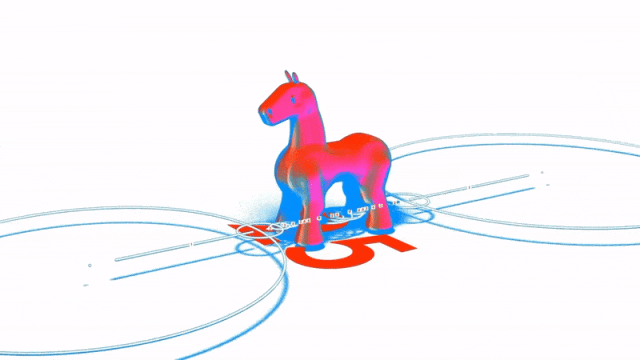 3D马形物体，红蓝双色，带蓝色轨迹与红色网格点，底部标“5”