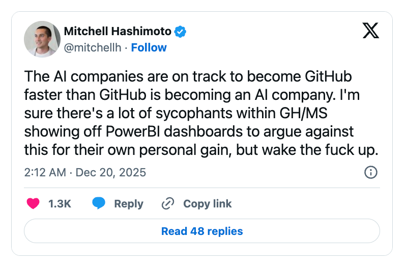 Mitchell Hashimoto的推文截图:AI companies are on track to become GitHub faster than GitHub is becoming an AI company