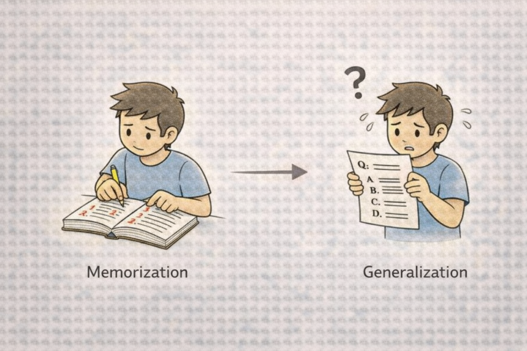过拟合与泛化对比：死记硬背 vs. 面对新考题时的困惑