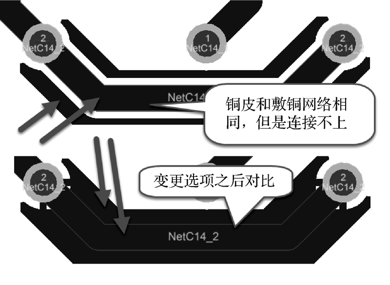 铜皮和敷铜网络相同但连接不上的对比示意