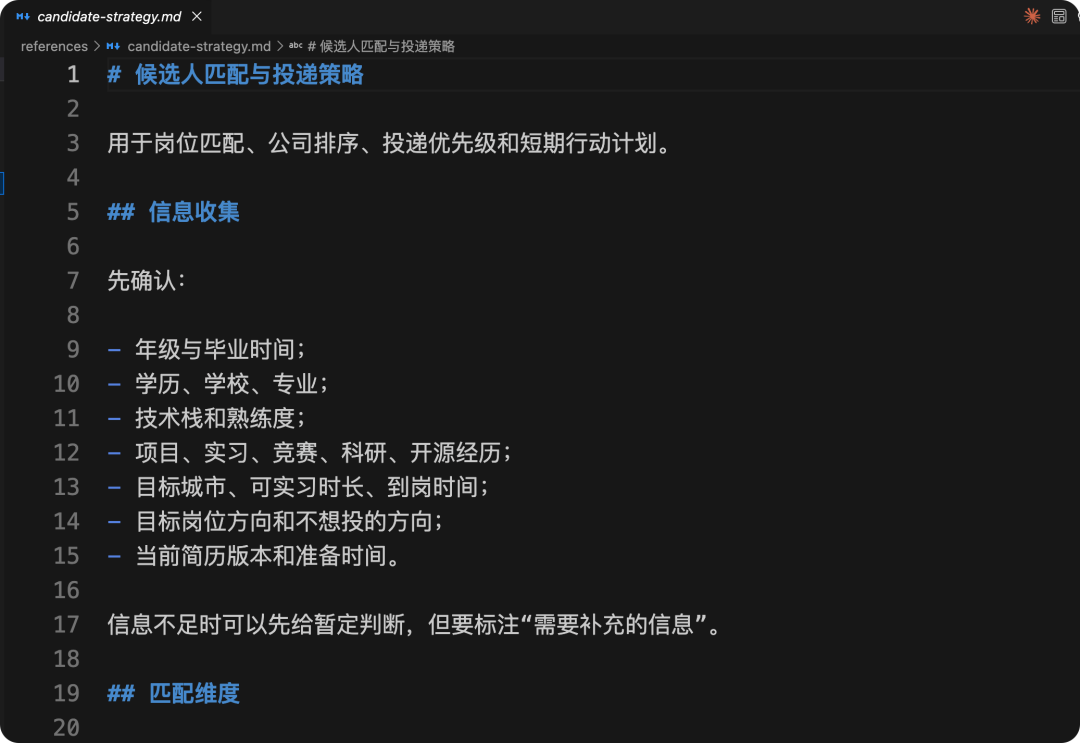 "candidate-strategy.md" 文件中关于候选人匹配与投递策略的详细说明