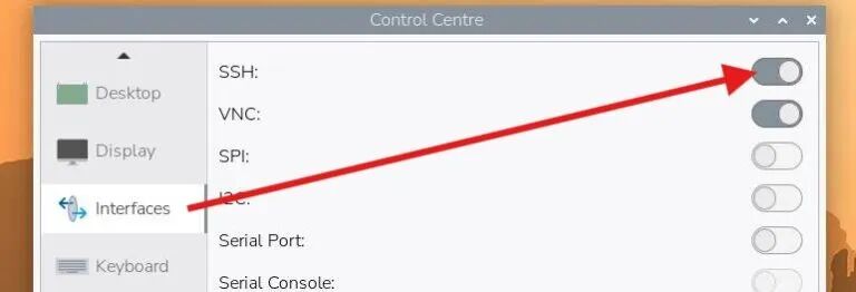 控制中心接口选项，SSH开关已开启