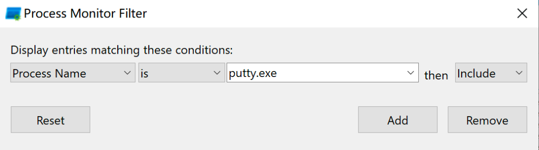 Process Monitor过滤进程名为putty.exe的条件