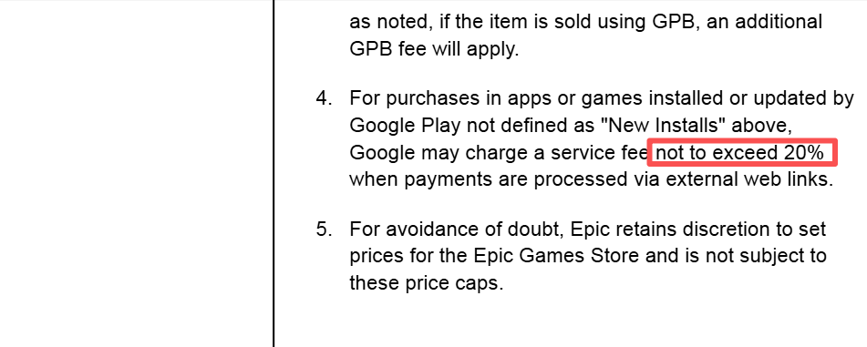 和解条款截图，其中明确标注了通过外部链接处理支付时，Google收取的服务费不超过20%