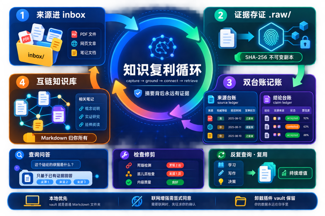 claude-obsidian 知识复利循环架构图:来源进 inbox、证据存证、双台账、互链知识库