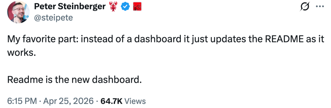 推文截图: "Readme is the new dashboard"