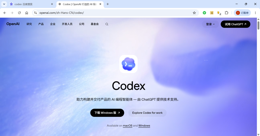 OpenAI Codex首页下载引导