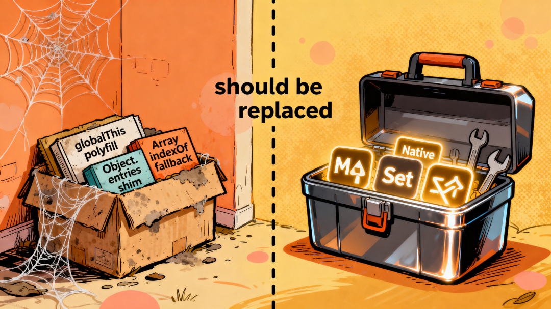 新旧方案对比插画：左侧是布满灰尘的旧兼容方案，右侧是发光的现代原生工具箱