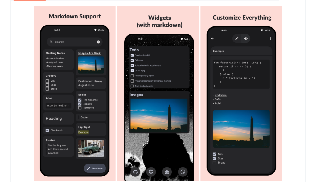 EasyNotes应用功能展示截图：Markdown支持、桌面小组件和高度自定义界面