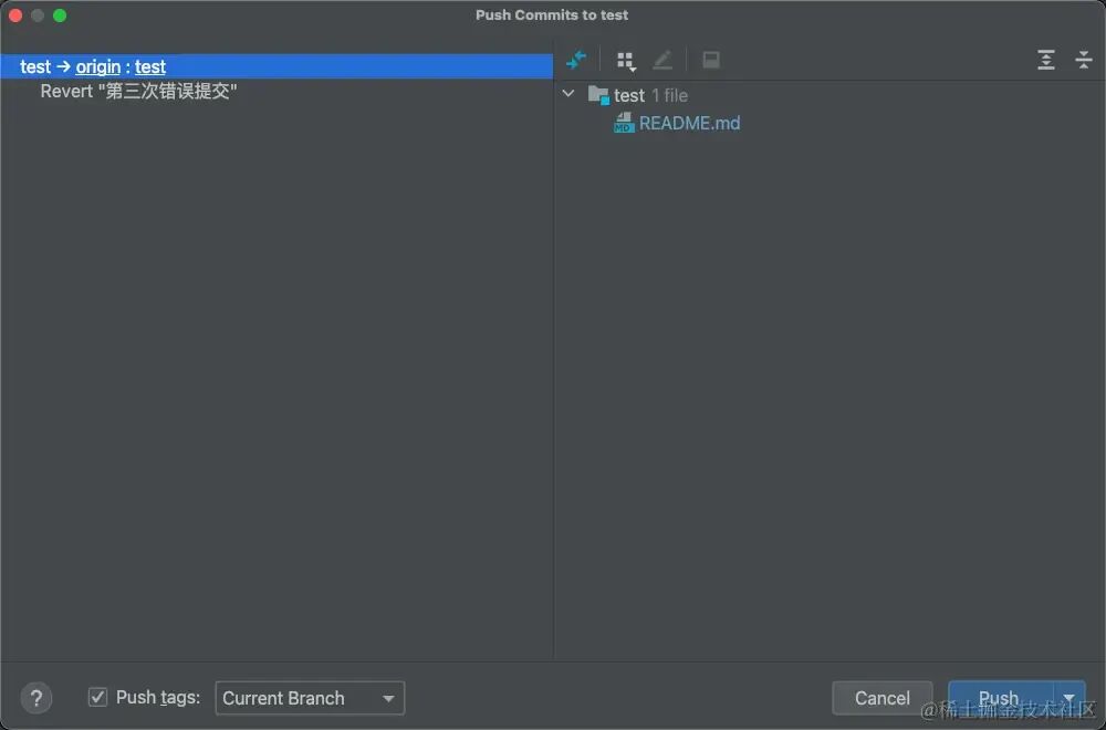 Push Commits 对话框,显示 Revert 记录即将推送