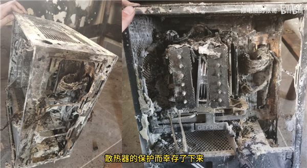 被烧毁的电脑主机内部