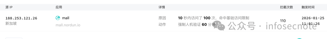 CC防护日志显示IP命中限制