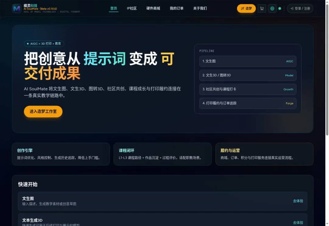 AI SoulMate 平台首页与功能流程展示