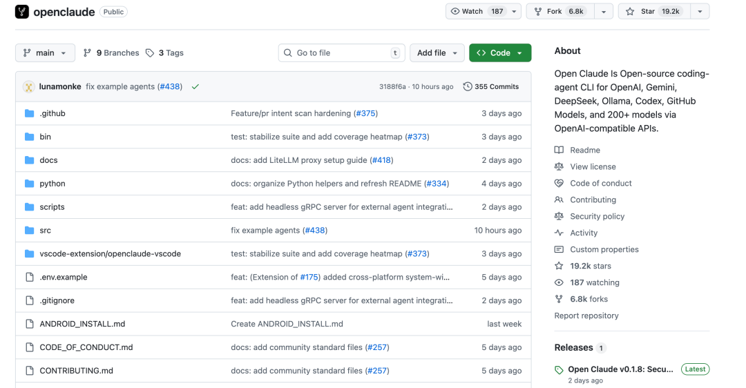 OpenClaude GitHub仓库截图，显示主分支文件列表和仓库统计信息