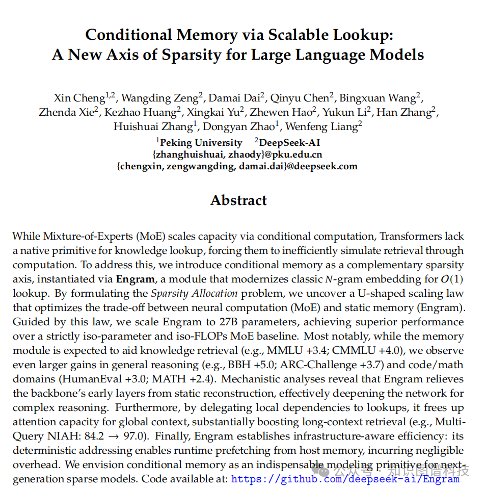 Engram论文摘要：条件记忆作为大规模语言模型的新稀疏性原语