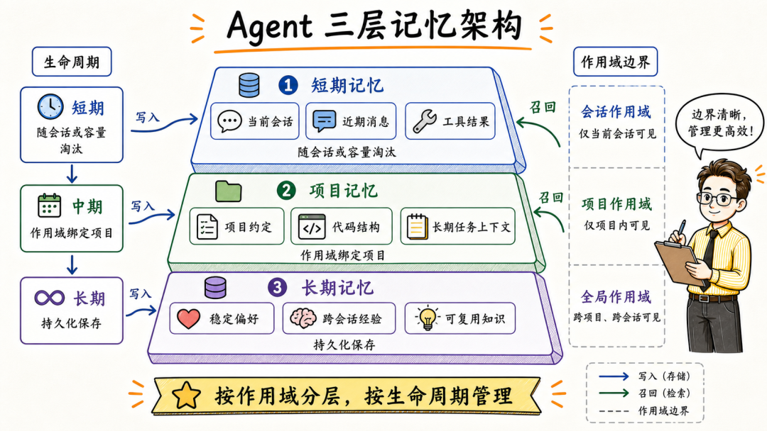 Agent三层记忆架构图，按作用域分层、按生命周期管理