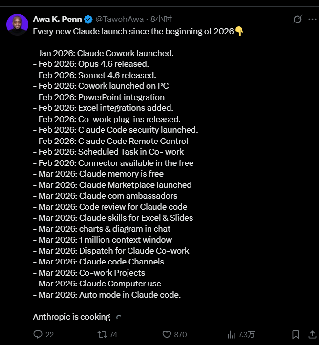 网友整理的 Claude 2026年功能发布列表