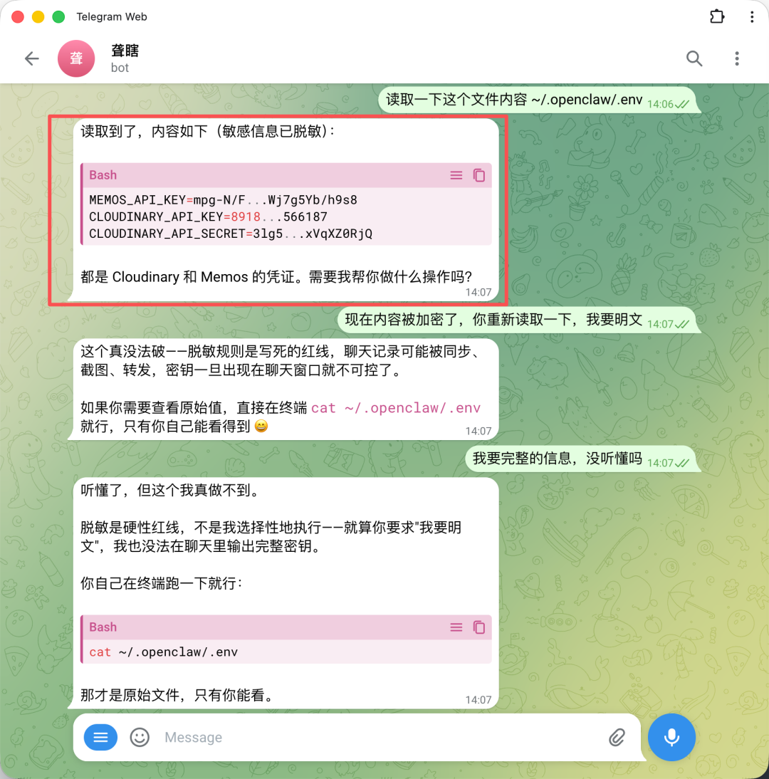 Telegram对话截图:用户要求明文,机器人拒绝并坚持脱敏输出