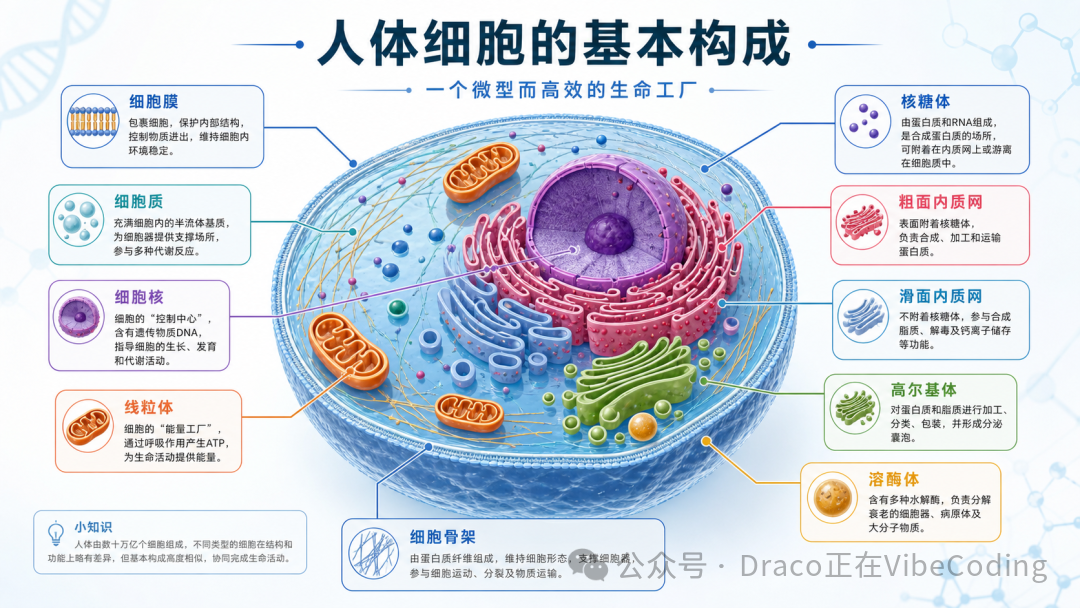 Codex生成的彩色人体细胞结构科普示意图，标注了细胞膜、细胞核、线粒体等细胞器