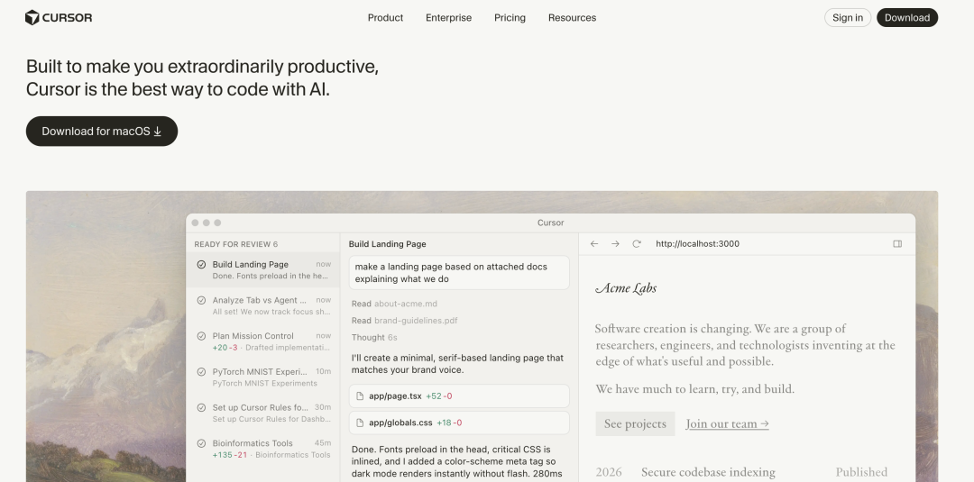 AI编程工具Cursor的官网界面
