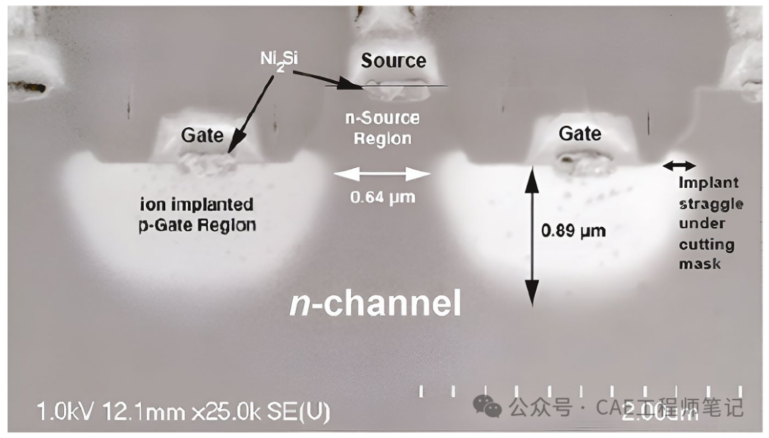 n沟道SiC器件中p⁺注入栅区横向散射SEM图