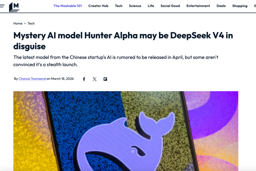 网页截图：外媒猜测匿名模型Hunter Alpha或为DeepSeek V4
