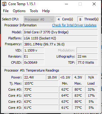 Core Temp 软件界面显示 Intel Core i7 处理器各核心温度读数