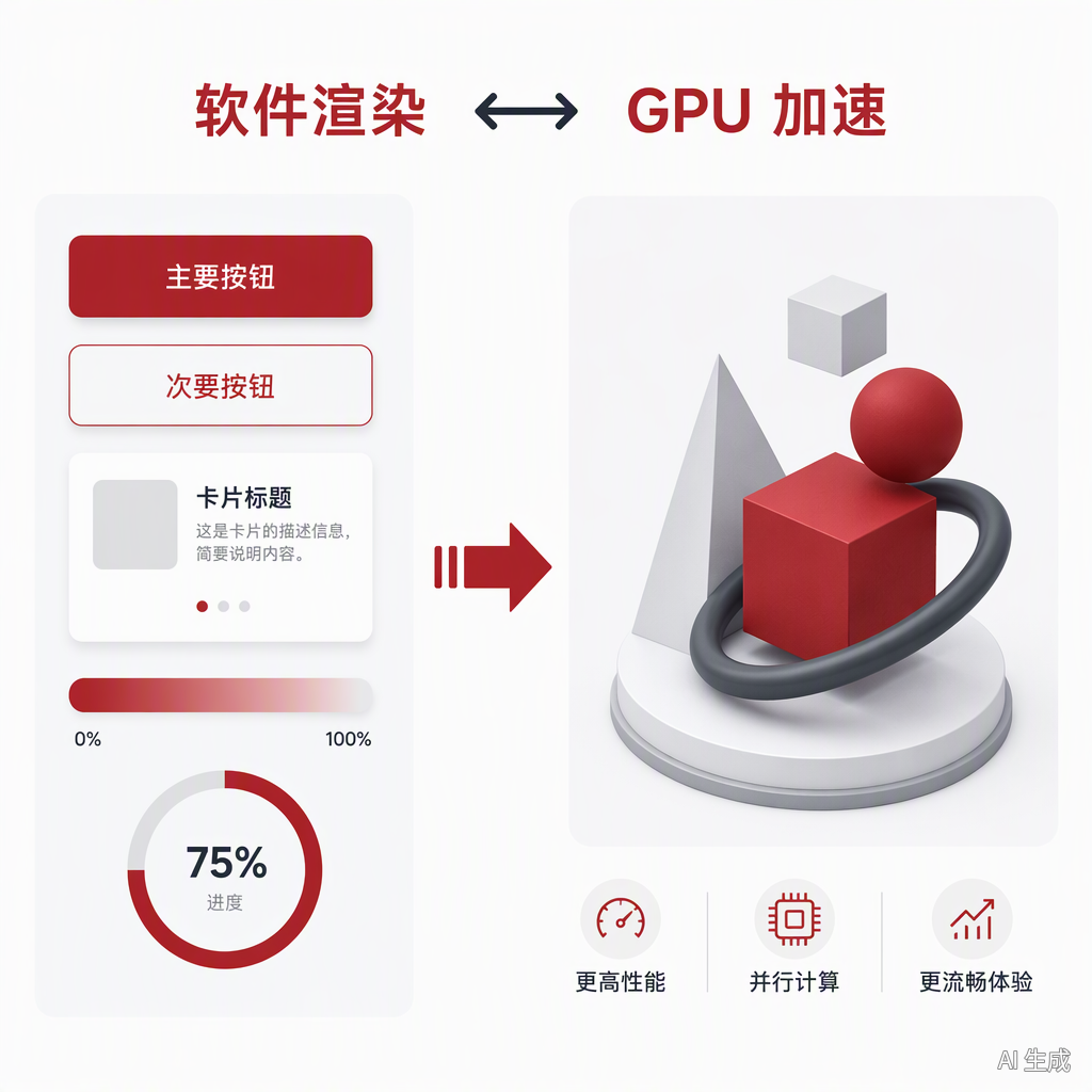 LVGL 从软件渲染到 GPU 加速的跨越示意:左侧平面 UI 组件,右侧 3D 几何体