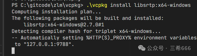 使用vcpkg安装libsrtp的终端输出