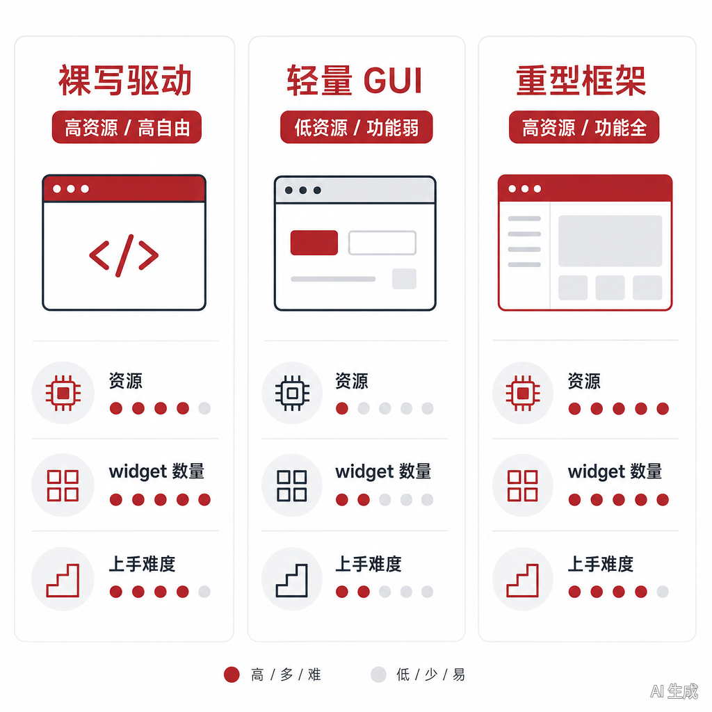 嵌入式 UI 三条传统路径对比图:裸写驱动、轻量 GUI、重型框架在资源、功能与上手难度上的取舍
