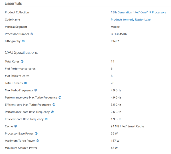 酷睿i7-13645HX与13650HX、13700HX规格对比表