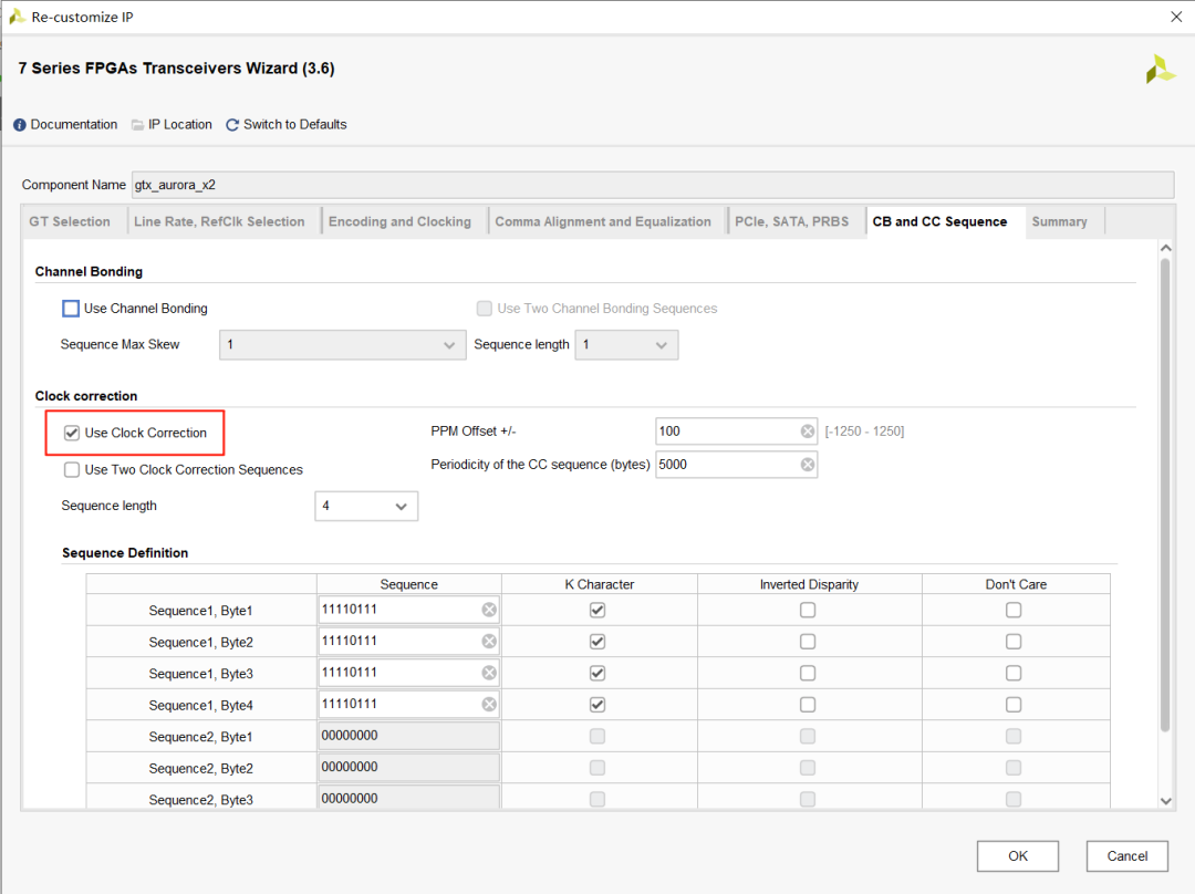 启用Clock Correction，PPM Offset±100，CC序列周期5000字节