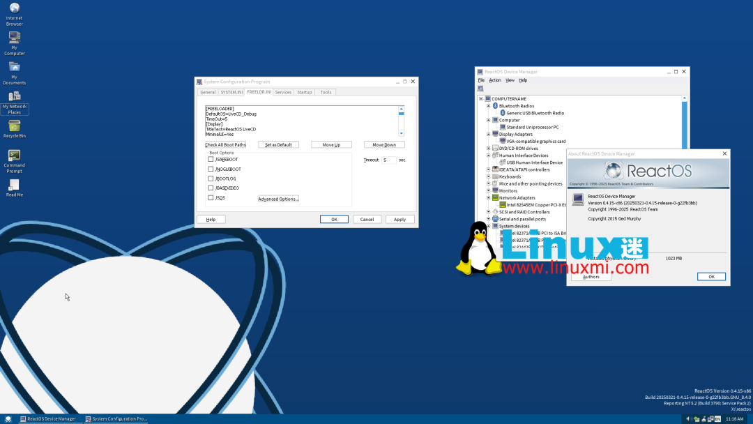 ReactOS系统配置程序与设备管理器界面