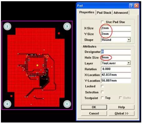 PCB设计软件中Mark点焊盘属性设置界面