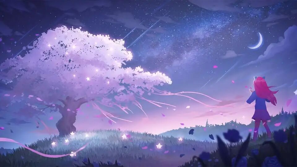 星空下仰望的粉发猫娘少女