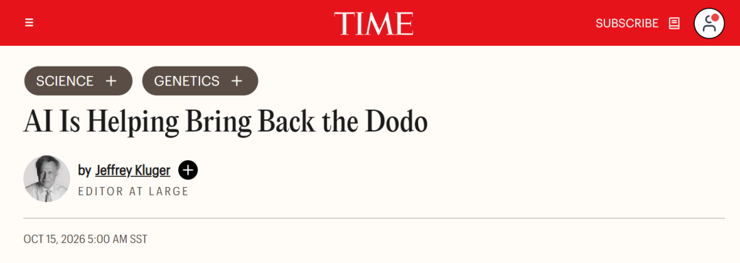 TIME 网站报道截图,标题为 AI Is Helping Bring Back the Dodo