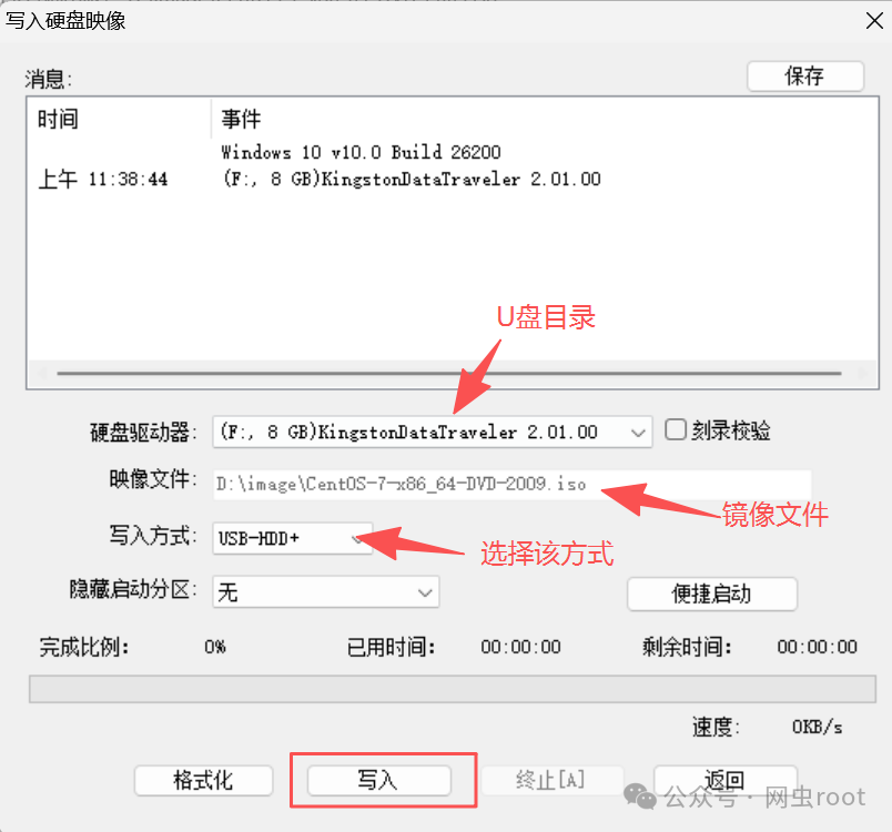 写入硬盘映像对话框，需确认U盘、镜像文件和写入方式