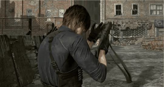 里昂（背影）在废墟中持枪瞄准