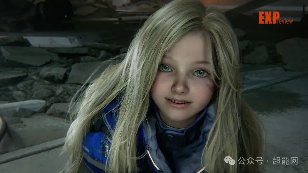 小女孩角色特写，脸上有污渍，背景废墟