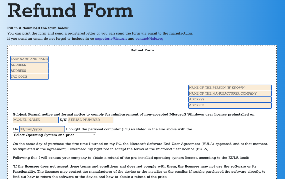 Refund4Freedom退款申请表单模板截图
