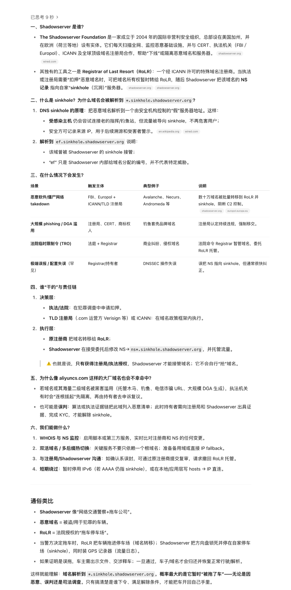 关于Shadowserver基金会与DNS Sinkhole机制的科普文档截图