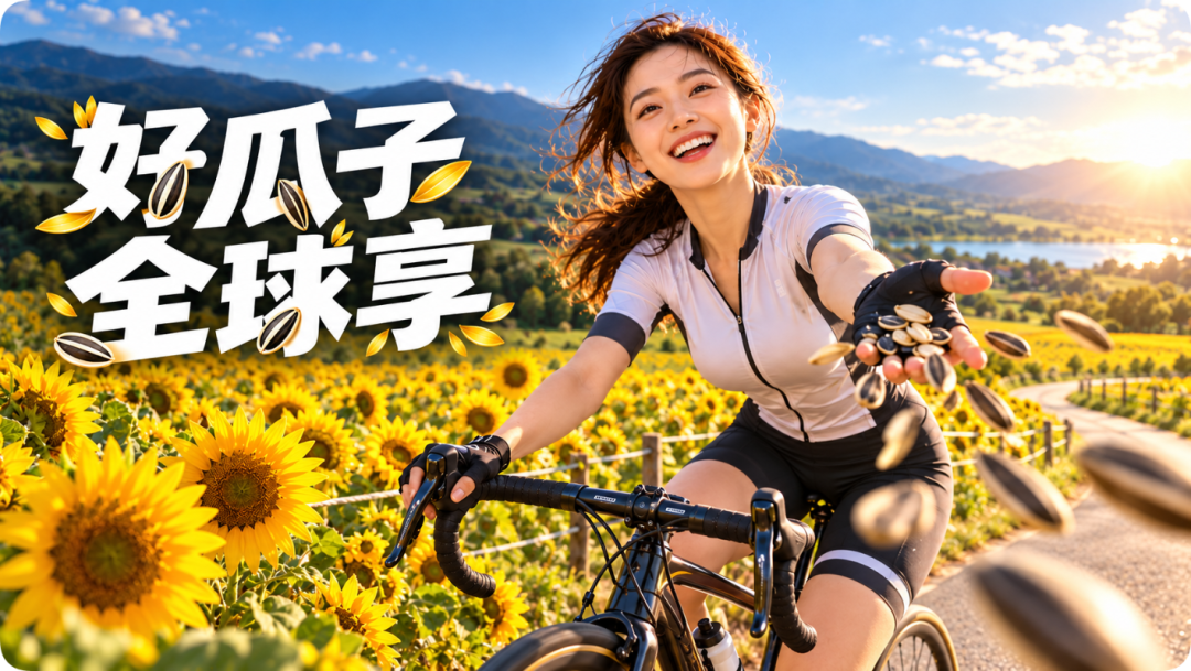 骑行女性在向日葵花田中展示“好瓜子全球享”的AI生成广告画面