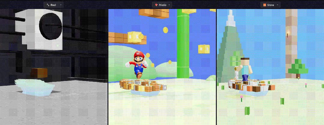 3D打印监控动画抽帧图，显示《我的世界》、《超级马里奥》风格场景