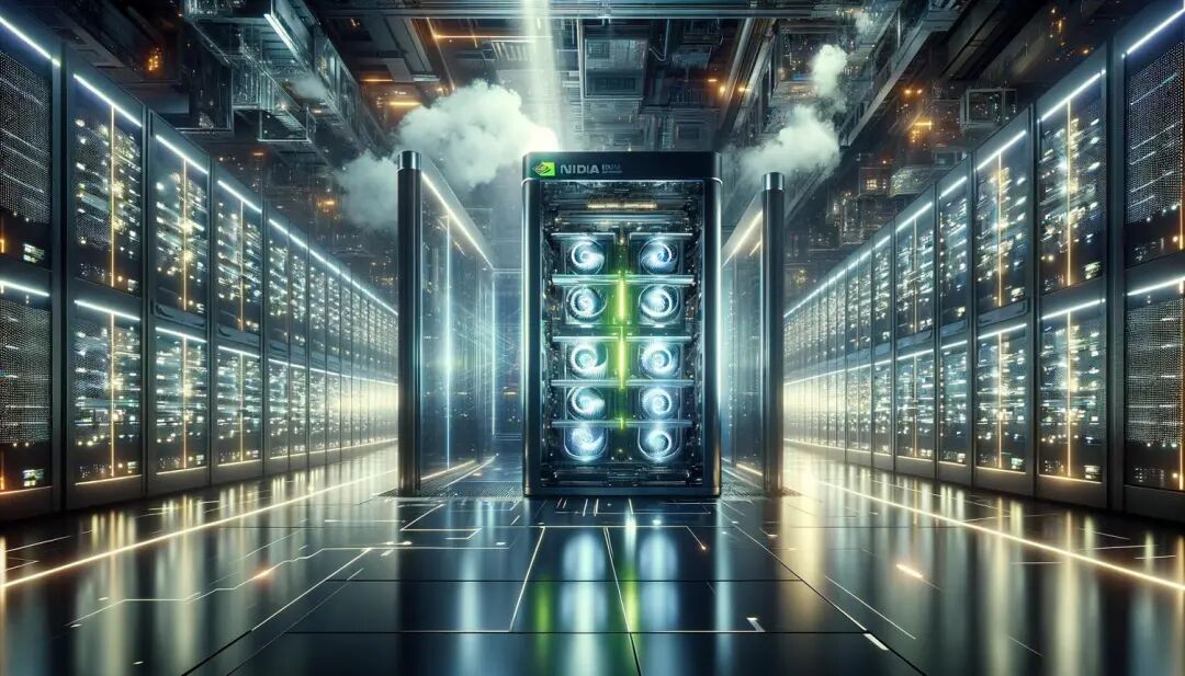 NVIDIA标志的服务器机房概念图,绿色光效代表高性能AI计算