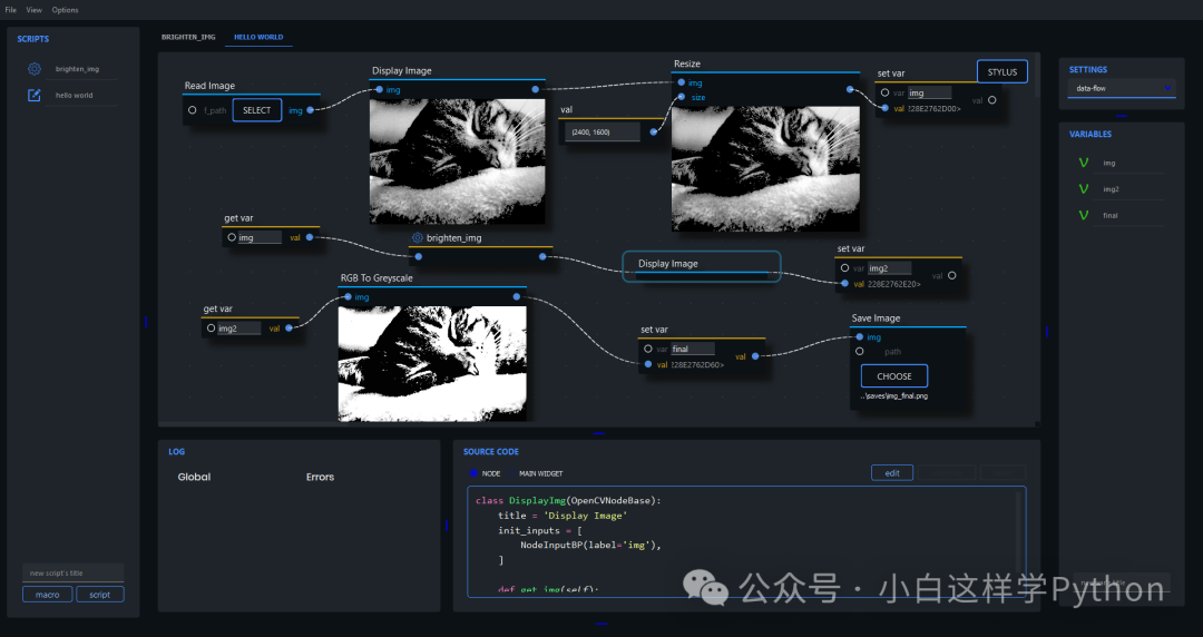 Ryven 图像处理可视化流程:Read Image、Display Image、Resize、RGB To Greyscale 与 Save Image 节点